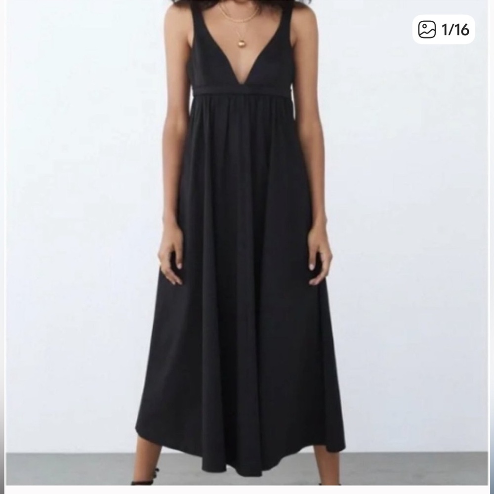 Zara Black Poplin Maxi Dress | Bustier Top & Full Gathered Skirt | Size L
